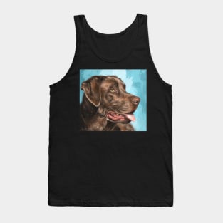 Painting of a Chocolate Labrador with Its Tongue Out, Blue Background Tank Top